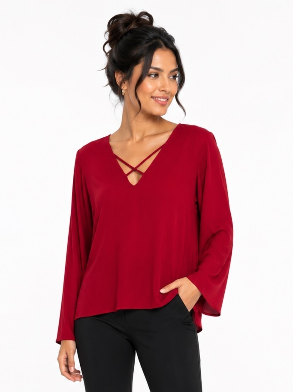NWOT Lush V-Neck Flowy Long Sleeve Blouse in Cabernet Red Size X-Small